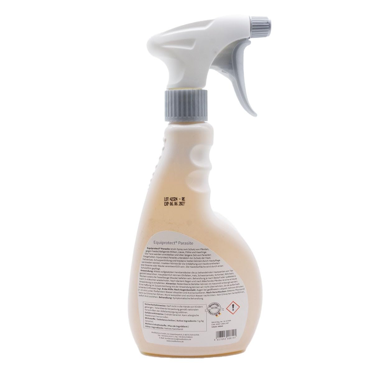 Medilutions Equiprotect Parasite, Parasitenabwehr und Hautschutz, gegen Milben, Flöhe, Läuse, Haarlinge, für Pferde und Hunde, 500ml Sprühflasche