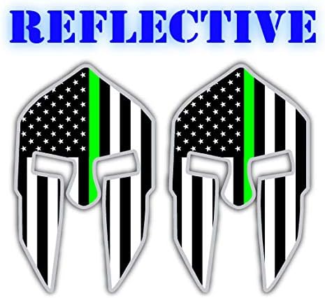 (x2) REFLECTIVE Spartan Helmet Vinyl Decals | Stickers Helmets, Hard Hats, Stealthy Black Ops American Flags (Green Line)