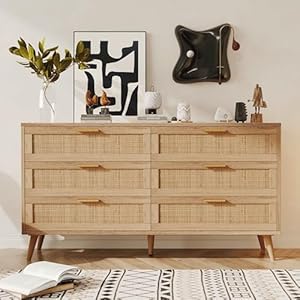 Rovaurx 6 Drawer Double Dresser for Bedroom, Rattan Chest of Dressers, Modern Wooden Dresser Chest with Golden Handles, Beside Table for Closet, Living Room and Entryway, Natural Rovaurx 6 Drawer Double Dresser for Bedroom Rattan Chest of Dressers Modern Wooden Dresser Chest with Golden Handles Beside Table for Closet Living Room and Entryway Natural