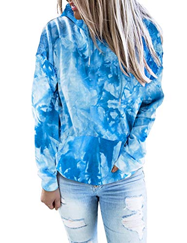 GRAPENT Women's Casual Blue Tie Dye Print Cozy Active Sweatshirt Hoodie Loose Long Sleeves Pullover Top Shirt X-Large