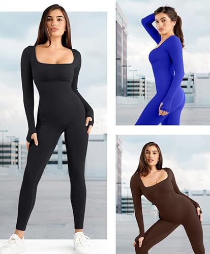 Popilush Jumpsuits For Women Long Sleeve Built-In Bra Square Neck Full Length Leggings Bodycon Stretch Workout Outfits thumb #6