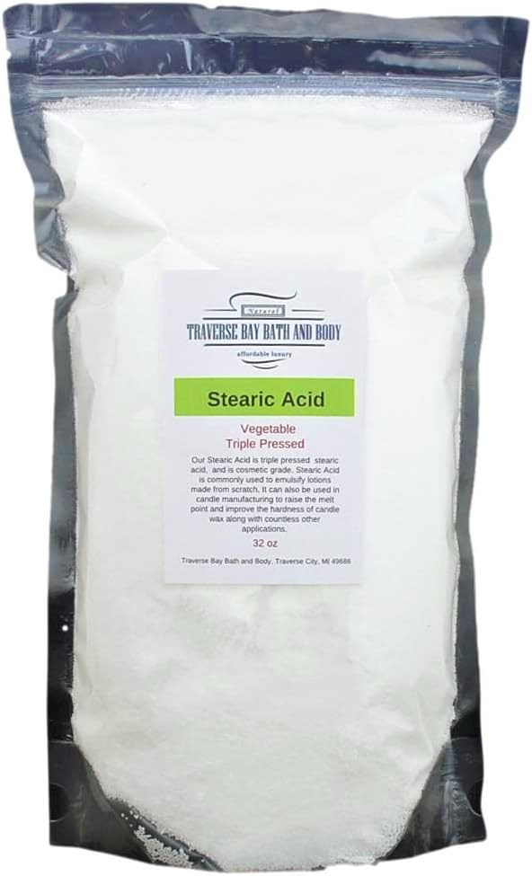 Traverse Bay Bath and Body Stearic Acid 32 oz. vegetable base triple pressed cosmetic grade Resealable stand-up moisture barrier pouch made in the USA.