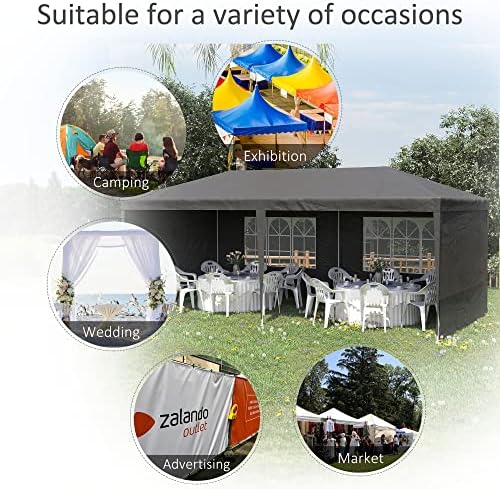 Outsunny 6 x 3 m Party Tent Gazebo Marquee Outdoor Patio Canopy Shelter with Windows and Side Panels Dark Grey
