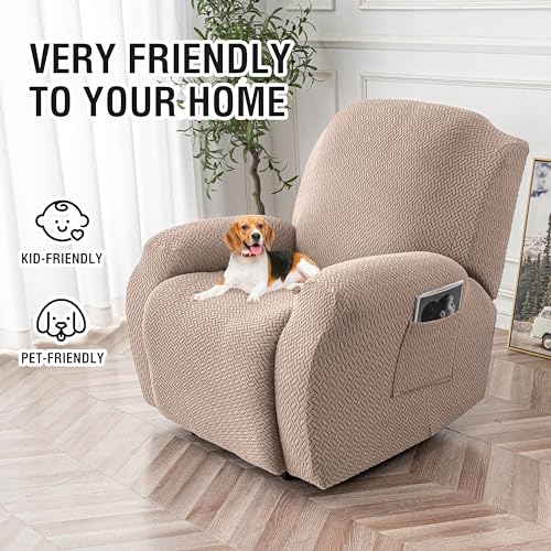 Image of Genina Recliner Chair Covers, Stretch Reclining Chair Cover, Recliner Sofa Slipcovers Stripe Jacquard Lazy Couch Covers Furniture Protector Covers for Pet Kid (Taupe, 1 Seater)