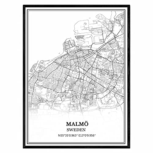 TANOKCRS Malmö Sverige karta väggkonst canvas tryck affisch konstverk oinramad modern svartvit karta souvenir gåva heminredning – 28 x 35,5 cm