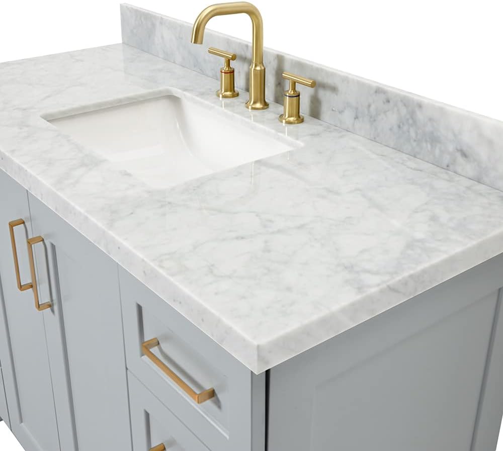 ARIEL Taylor 48-inch Bathroom Vanity with Sink,Solid Wood, 1.5-inch Italian Carrara Marble Countertop & Backsplash, Single Rectangular Porcelain Sink, 2 Soft Closing Doors, 9 Dovetail Drawers, Grey