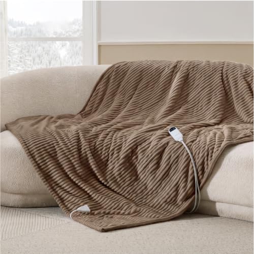 Image of Bedsure Ribbed Heated Blanket Throw, Brown Electric Blanket, Preheat