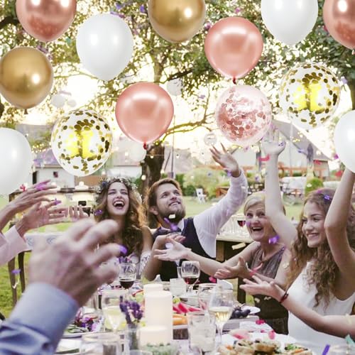 Image of Rose Gold Confetti Balloons, 60 Packs 12 inch Metallic Rose Gold and Chrome Gold Party Balloon with Ribbon for Girls Women Birthday Wedding Anniversary Bridal Baby Shower Decoration