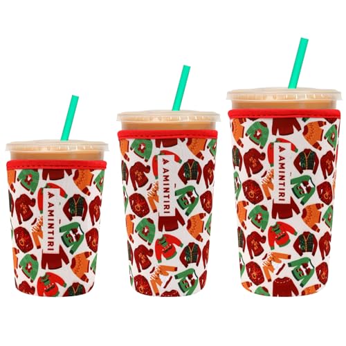 Image of 3 Pack Reusable Sleeve for Iced Coffee Cup, Coffee Neoprene Sleeve for Iced&Hot Drinks, Coffee Sleeve Compatible with Starbucks, Dunkin Coffee Cup. (Christmas Sweater)