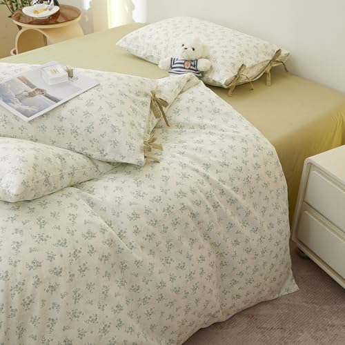 Image of Full Size Comforter Set Vintage Floral Comforter Bedding Set, Aesthetic Coquette Botanical Green Flowers Comforter with 2 Bow Ties Pillowcases, Lightweight Cottagecore Comforter Set for All Season
