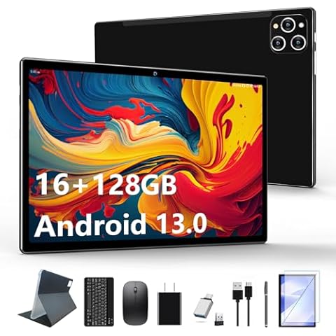 Tablet 10.1 Inch Android 13 Tablets 2024 Latest Android Tablet 128GB ROM+16GB RAM (8+8 Virtual), 2 in 1 Tablet with Keyboard, Powerful Octa-Core+13MP Camera, 1TB TF Expandable, FHD WiFi Tablet PC Cover