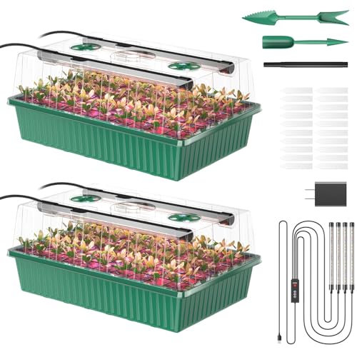 Guioiby Seed Starter Tray 120-Cells Seed Starter Kit with Grow Light 2 Pack Reusable Seeding Starter Trays with Air Vent Humidity Domes for Greenhouse Gardening Indoor Planting Growing (Green Base)