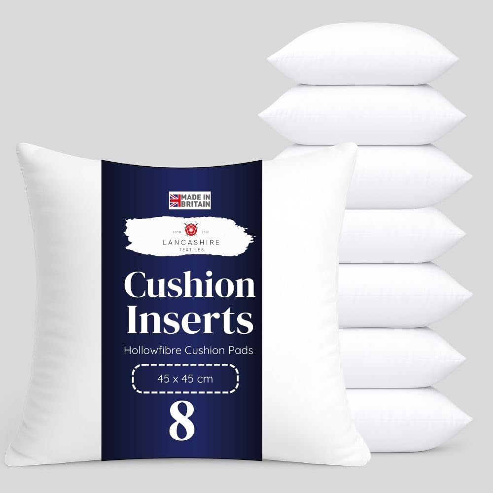 Lancashire Textiles 8 Pack 18" x 18” (45 x 45cm) Quality Microfibre Super Bounce Fibre Cushion Pads Made in Britain with Cotton Blend Casing & Our Luxury Hollowfibre Filling