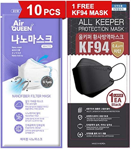 [10 Pack] [Air Queen] White 3-Layers Face Safety Mask For Adult + 1 [Black] All Keeper Kf94 Mask [Individually Packaged] [Both Made In Korea] #TOP4