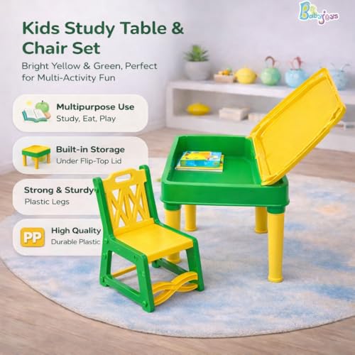 Image of Kids Study Table & Chair Set with Storage Box | Study Table Chair for Kids | Multipurpose Activity Desk for Study, Drawing & Eating | Strong Plastic | Toddler Furniture (Yellow & Green)