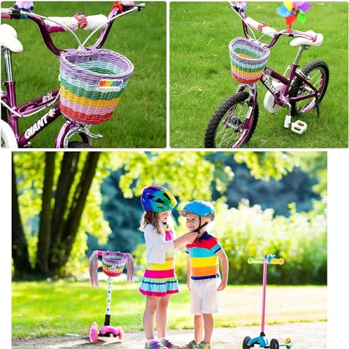 Denxahao Fahrradkorb Kinder Vorne Laufrad Korb Fahrradkörbchen mit Lederriemen, Korb Kinderfahrrad Fahrradkorb Geflochten für Mädchen und Kinder Vorne Kinderfahrradzubehör (#Bunt)