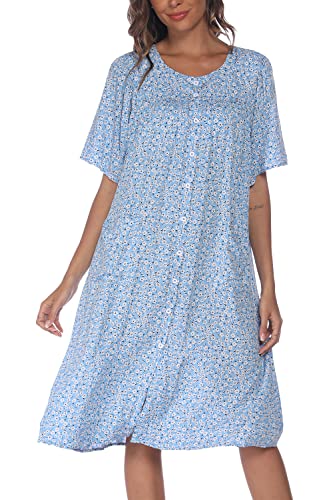 Image of COSUNIONY House Dresses for Women Cotton Short Sleeve House Coat Buttons Down Dusters Robe with Pockets S-XXL