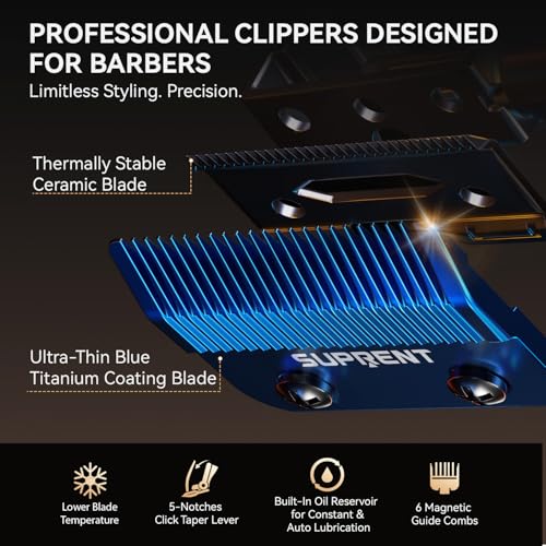 Image of SUPRENT StormGray Professional Hair Clippers for Men - Cordless Barber Clippers & Zero-gapped Trimmer Set, Haircutting Kit with High Performance Motor, Blue Titanium-Coated Blades, Charging Stands