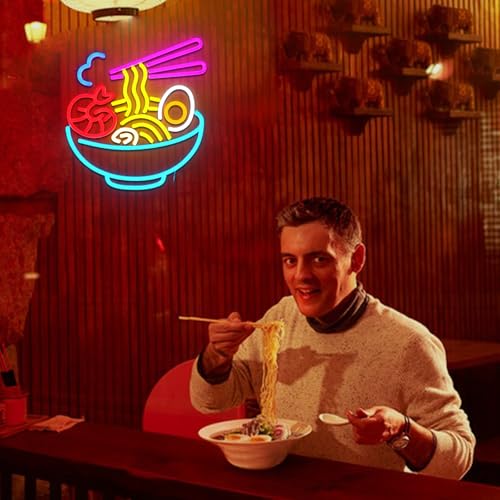 Image of Ramen Neon Sign for Wall Decor, Seafood Noodles Led Signs for Business, USB Dimmable 13.5 inch x 12.6 inch Neon Lights for Japanese Resturant Bar Kitchen Party Ramen Shop Wall Art
