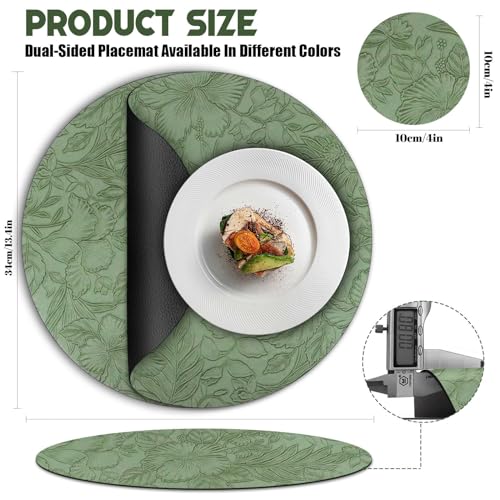 Placemats and Coaster Sets 6, Dual Sided PU Leather Place Mats(34cm) Heat Resistant Waterproof No-Slip, Washable Round Floral Kitchen Coffee Table Mats for Home Hotel Indoor Outdoor Party(Green Black) - Image 3