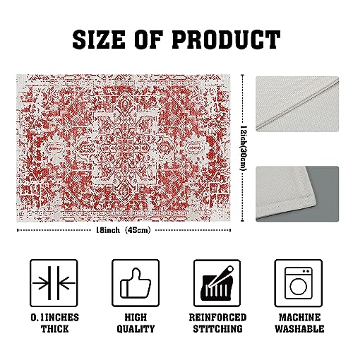 Image of Gray Red Boho Placemats Set of 4 Ethnic Bohemian Carpet Place Mats Washable Kitchen Dining Vintage Grey Geography Floral Linen Table Mats Stain Heat-Resistant Cloth Tabel for Home Party 12x18 in