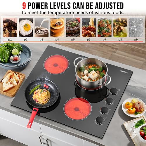 Image of Karinear 24 Inch Electric Cooktop 4 Burners Electric Stove, Knob Control | 6000W High Power Radiant Ceramic Cooktop, Built-in Design, 220-240V Hardwire, No Plug, Overheat Protection(Black Knob)