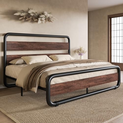 Image of SHA CERLIN Full Size Metal Bed Frame with Wooden Headboard, Mahogany