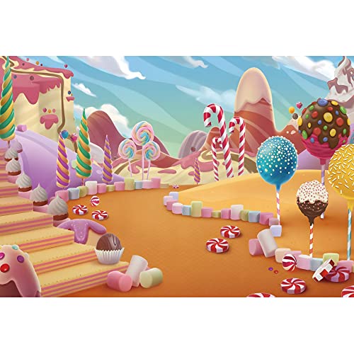 Renaiss 10x8ft Lollipop Candyland Backdrop Cartoon Cake Mountain Biscuit Staircase
