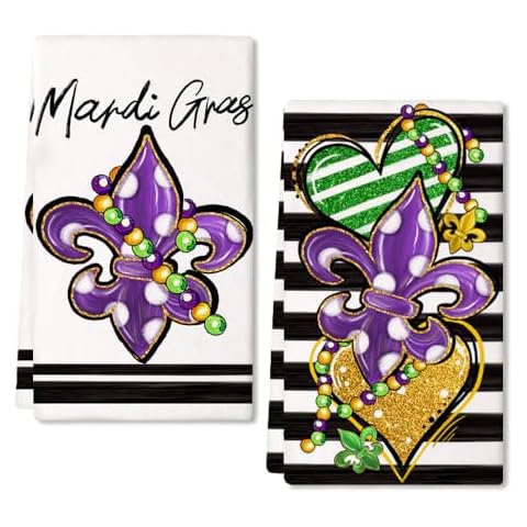 ARKENY Mardi Gras Kitchen Towels Set of 2,Purple Fleur De Lis White Polka dot Beads Dish Towels 18x26 Inch Drying Dishcloth,Farmhouse Home Mardi Gras Carnival Seasonal Holiday Decorations AD192 Cover