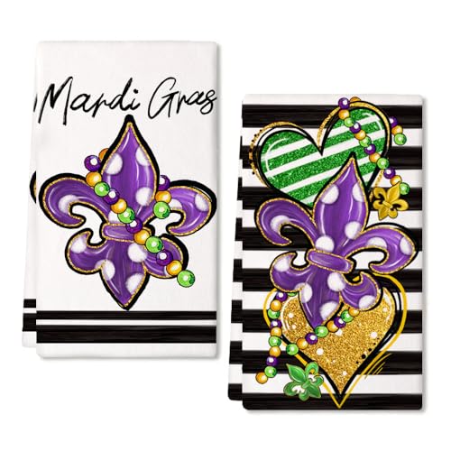 ARKENY Mardi Gras Kitchen Towels Set of 2,Purple Fleur De Lis White Polka dot Beads Dish Towels 18x26 Inch Drying Dishcloth,Farmhouse Home Mardi Gras Carnival Seasonal Holiday Decorations AD192