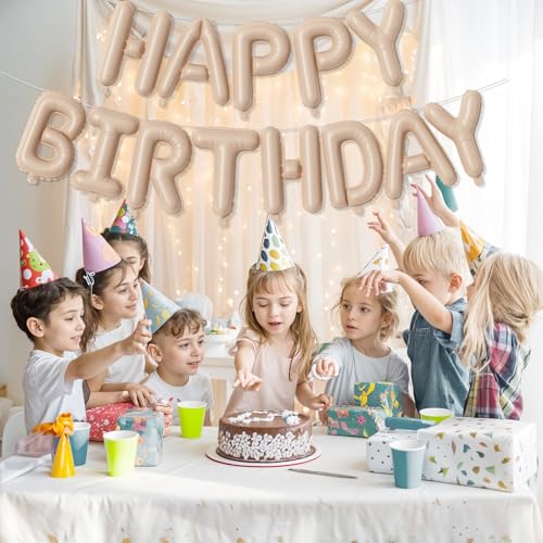 Image of Happy Birthday Balloon Banner Beige, 16 Inch Neutral Tan Self Inflating Happy Birthday Foil Balloon, Nude Born Day Bunting Banner Letter Balloons for Men Women Bday Party Decorations Supplies