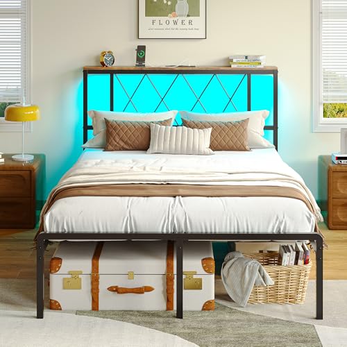 IRONCK Bett 120x200 mit LED Beleuchtung, Bettgestell 120x200 mit Steckdose, 1 USB, 1 Typ-C-Anschlüsse, Metallbett mit Kopfteil und Stauraum,...