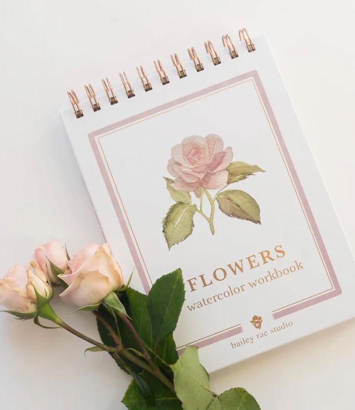 Bailey Rae Studio Flowers Watercolor Workbook | 14 Floral Outlines | Beginner Watercolor Book | 5x7 Frameable Art | Step by Step Painting