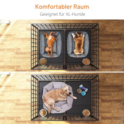 Hundekäfig, Hundebox mit Bodenschale, Hundekäfig mit Trennwand, Hundegitterbox mit 2 Türen und Tablett, 2 in 1 Doppelbox Hundegitterbox für Große und mittlere Hunde, 107 x 73 x 69 cm, Schwarz