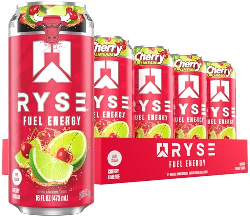 Image of RYSE Fuel Energy Drink - Chicago Bulls Cherry Limeade - Sugar Free - 200mg Natural Caffeine, New Formula to Supports Cognitive Health & Improves Focus - No Artificial Colors - 16 fl oz Cans (12-Pack)
