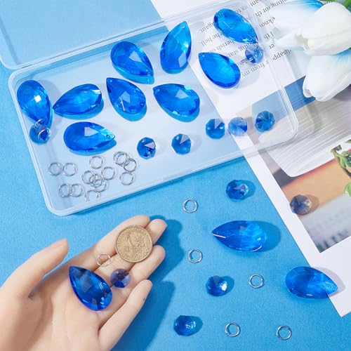 SOFPLATE 1 Box 12 Pack 38mm Crystal Chandelier Prisms Blue Teardrop Crystal Chandelier Pendants Octagon Links Jump Rings Glass Prism Suncatcher for Christmas Wedding Party Decor Chandeliers Hanging - Image 3