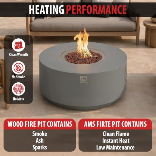 Image of AMS Round Concrete GFRC Propane Gas Fire Pit Table (Light Gray)
