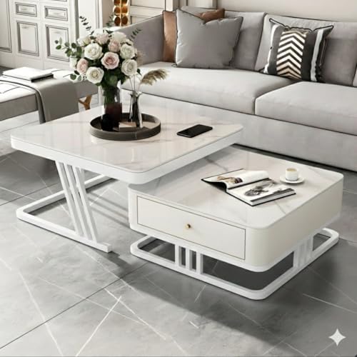 Image of Handmade Drawer Square 20 inchx20 inch Coffee Table /Nesting Table /Side Table /Center Table with Marble Finish Top for Living Room /Drawing Room (White & White)
