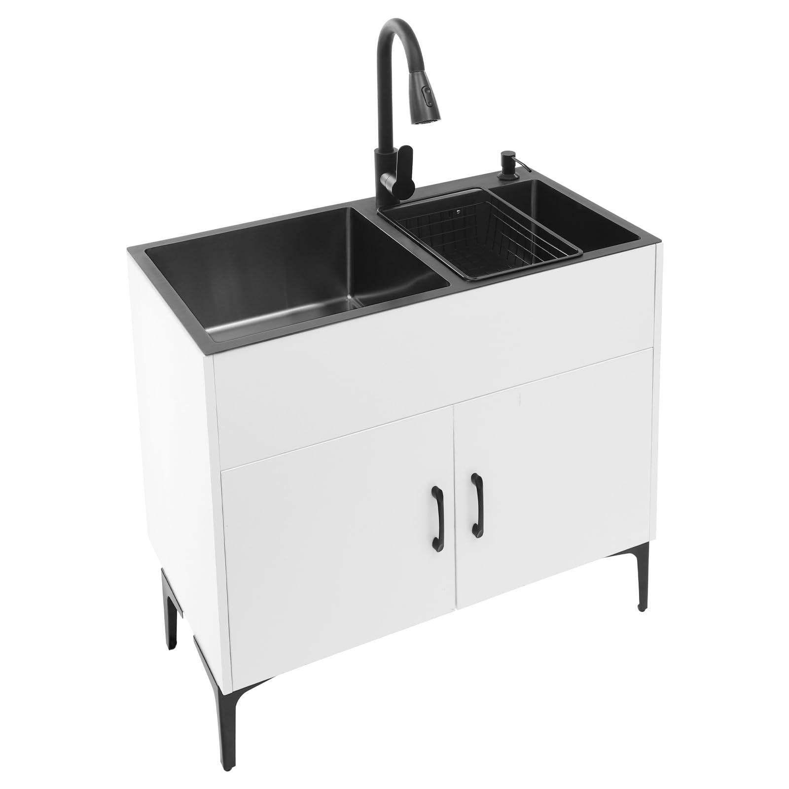 Spültisch 80 cm Breit Küche Spüle mit Unterschrank 2 Becken Ausziehbar Küchenarmatur Abtropffläche Seifenspender Abflussrohr Abflusssieb 360° Drehbarer Wasserhahn Ablauf (Weiß) Baumarkt