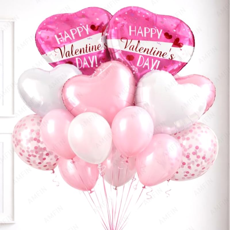 Image of AMFIN (Pack of 14) Happy Valentine's Day Balloon Decoration Set | Romantic Heart Foil Bouquet Metallic Helium Bunch Proposal Anniversary Celebration Party Decor - Pink White
