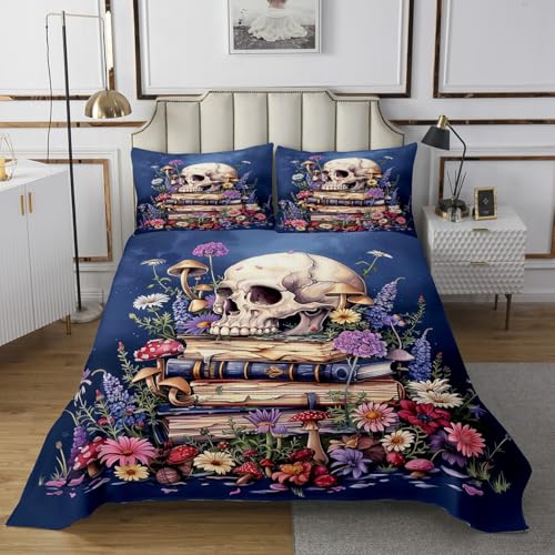Manfei Skull Books Quilts Set for Kids Boys,Gothic Flowers Leaves 2Pcs Bedspread Bedding Set,Farmhouse Style Bed Cover Set,Rustic Botanical Plants Bedspread Coverlet with 1 Pillowshams (Twin Size)