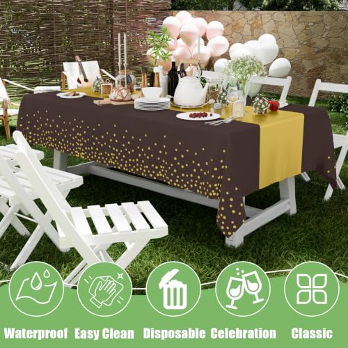 Image of Smiry Plastic Table Cloth Disposable 4 Pack, 54 x 108 Inch Rectangle Waterproof Tablecloth, Printed Gold Table Runner Style for Birthday Weeding, Party Decorations, Leakproof & Sturdy, Gold and Coffee