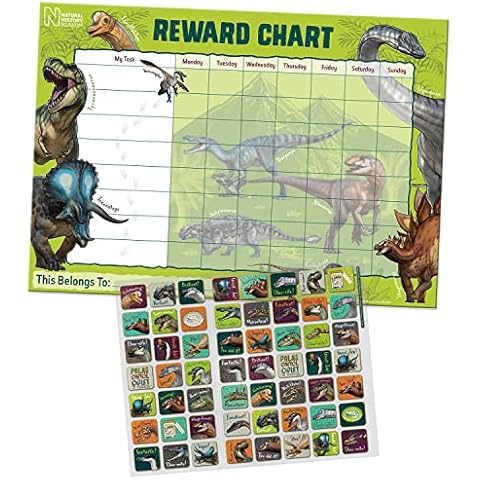 Paper Projects 01.70.30.027 Natural History Museum Dinosaurs Reward Includes 56 Sparkly Stickers | Colourful Chart is Wipe-Clean, 29.7cm x 42cm Cover