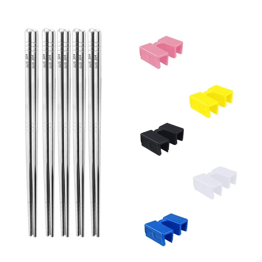 5 Pairs Reusable Chopsticks Aids Training Chopsticks?Stainless Steel Metal Chop Sticks?Adult Training Aids for Adults, Children, Beginners,Practice Chinese Japanese Korean Food