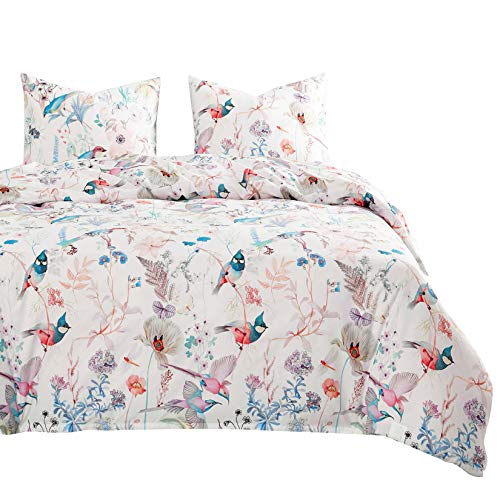 Image of Wake In Cloud - Bird Comforter Set, Colorful Floral Flowers Leaves Botanical Plant Pattern Printed, Soft Lightweight Bedding, 3 Pieces, Lilac Blue, Queen Size