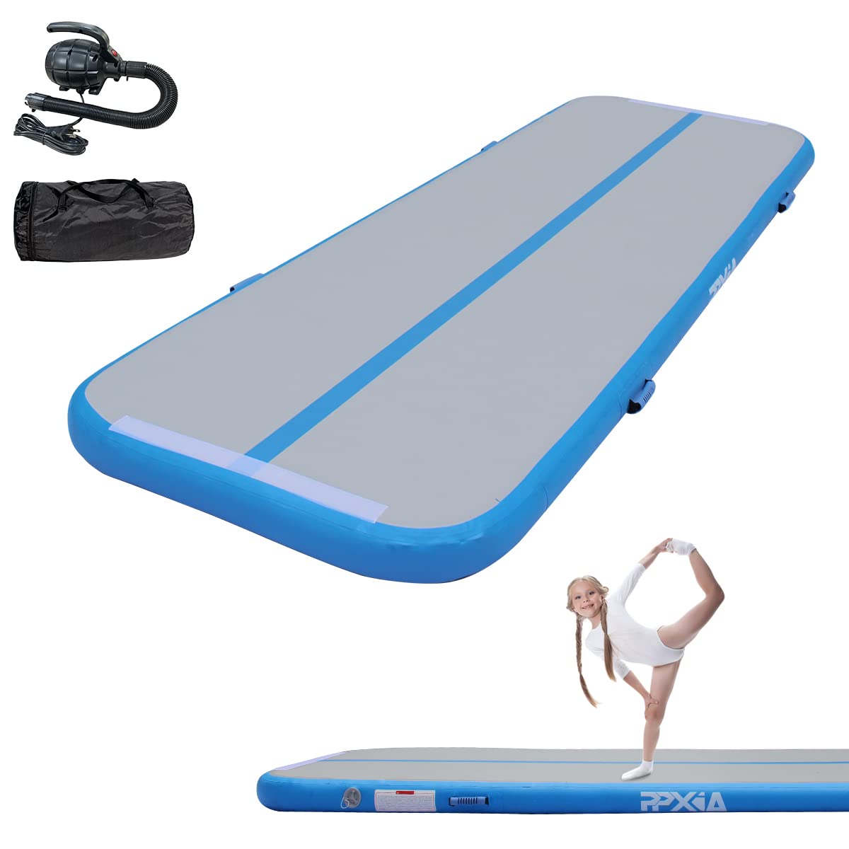 PPXIA Gymnastics Mats Air Tumbling Mat - Inflatable Tumble Track 10ft 13ft 16ft 20ft 4/8 inch Thickness Cheer Mat Air Floor for Kids Home Use Gym Yoga Training Cheerleading With Air Pump