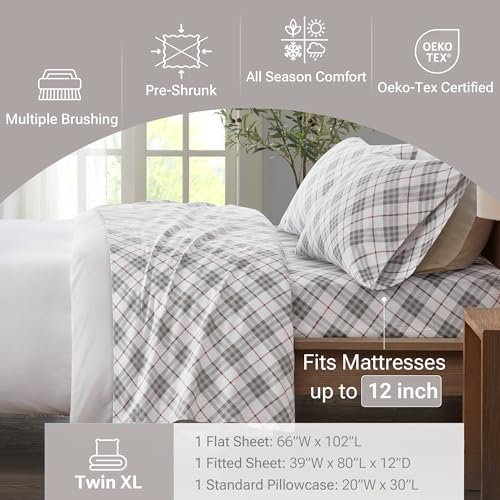 True North by Sleep Philosophy Cozy Flannel Warm 100% Cotton Sheet - Novelty Print Animals Stars Cute Ultra Soft Cold Weather Bedding Set, Twin XL, Red Plaid 3 Piece