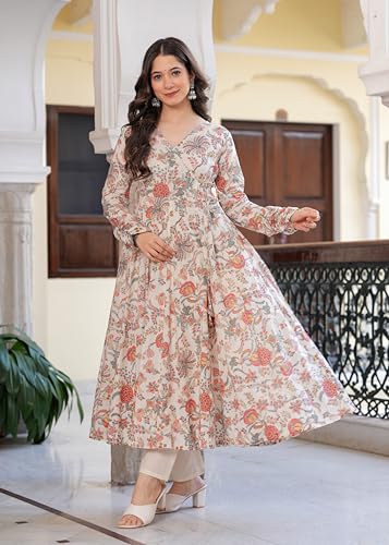 Image of Floral Print Long Anarkali Suit, Full Sleeve V-Neck, Cotton Maxi Length, Beige
