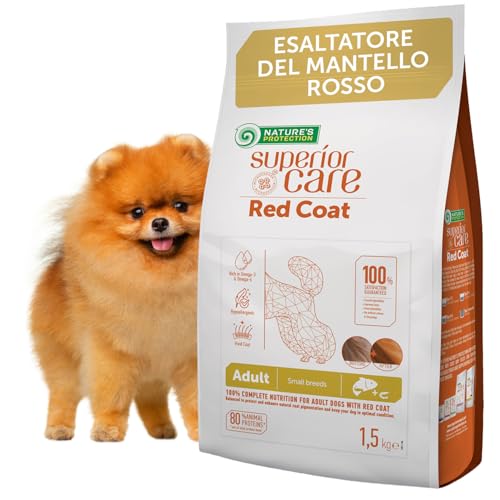 Nature's Protection Superior Care Red Coat Alimento Secco Senza Cereali per Cani Adulti di Taglia Piccola e Mini con Salmone Senza Macchie di Lacrimazione Ipoallergenico con Potenziatore Red Coat 1,5