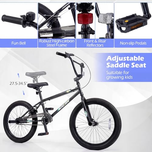 Image of Goplus Freestyle BMX Bike, 20 inch Trick Bicycle w / 360 Degree Steering, 4 Pegs, Adjustable Seat, U-Brake, Hi-Ten Steel Frame, Training Bike for Beginner Riders Teens Youth Boys Girls